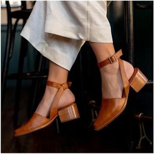 Patina from Portland Leather Tan Leather Point Toe Ankle Wrap Heels
